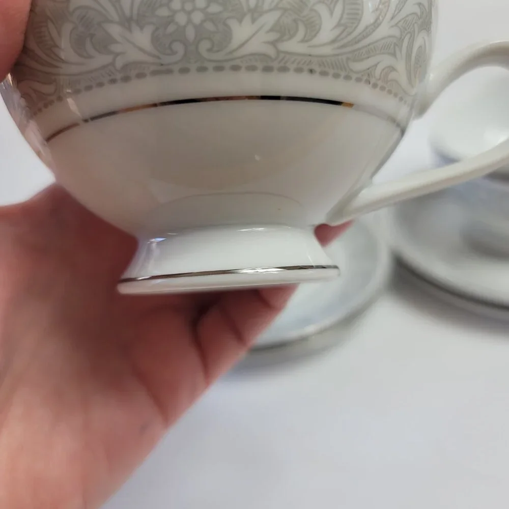 FOUR Imperial China Whitney Cup & Saucers White Gray Band Leaf Scrolls W. Dalton